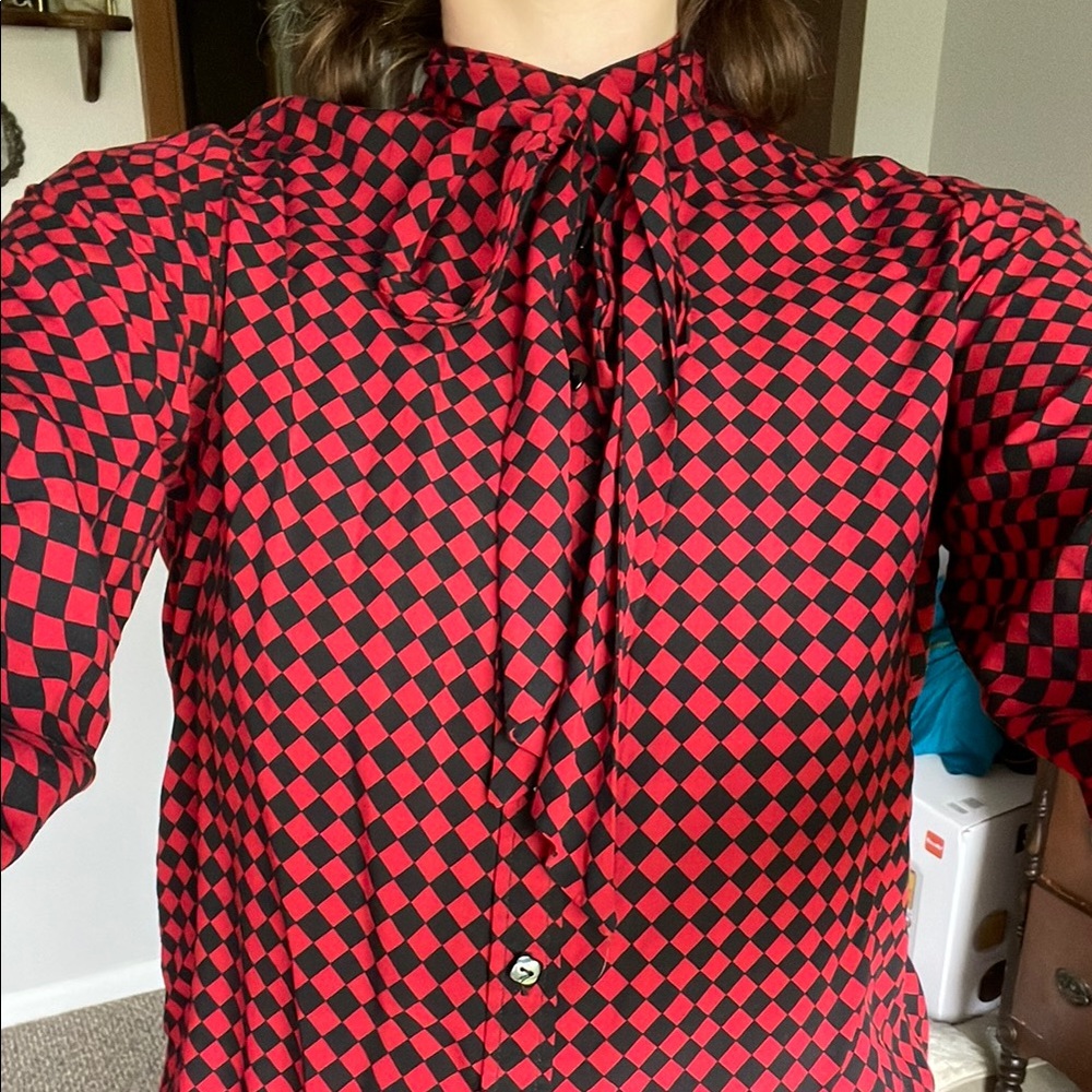 Red and Black Checkered Button Down Blouse with Tie Front
